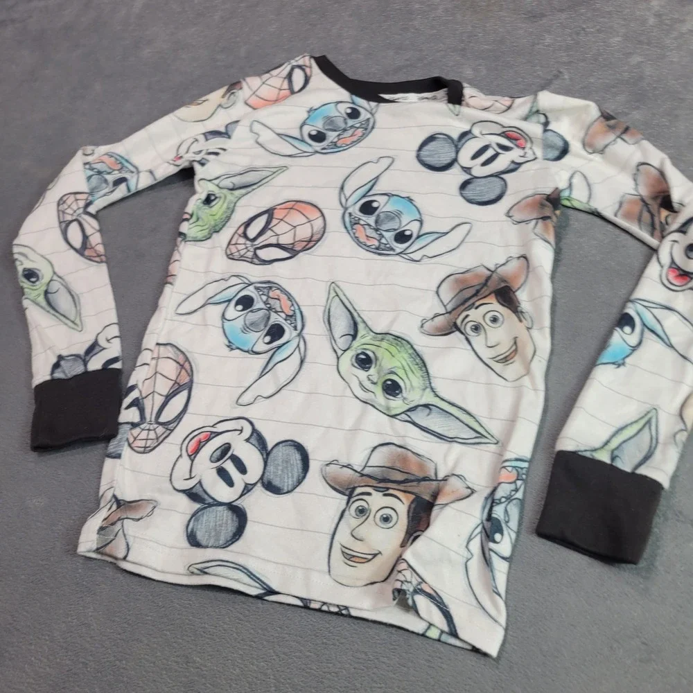 Disney Pajama Top Kids 12 White Disney 100 Character Sketch‎ Mashup Long Sleeve